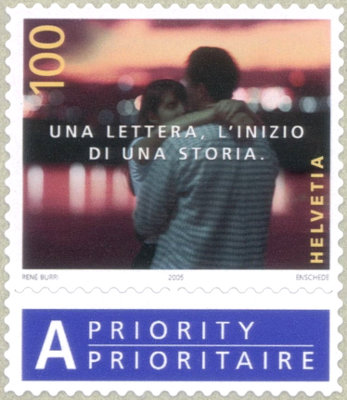 Item no. S62 (stamp)
Type: stamp
Country: Switzerland
Date of issue: Scott 1198c (of 1198a-d)
Catalog number: 3 January 2005
Stamp (c) belonging to a set of four stamps. Alike the others it shows photograph by Swiss photographer RENÉ BURRI (b. 1933). The photograph is entitled Man and woman kissing and bears overprinted inscription (in Italian) propagating letter writing.
Item_no._s62__stamp_.jpg