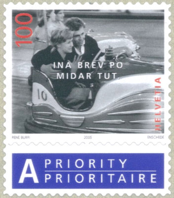 Item no. S63 (stamp)
Type: stamp
Country: Switzerland
Date of issue: 3 January 2005
Catalog number: Scott 1198d (of 1198a-d)
Stamp (d) belonging to a set of four stamps. Alike the others it shows photograph by Swiss photographer RENÉ BURRI (b. 1933). The photograph is entitled Man and woman in bumper car and bears overprinted inscription (in Romansch) propagating letter writing.
Item_no._s63__stamp_.jpg