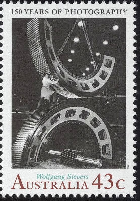 Type: stamp
Country: Australia
Date of issue: 13 May 1991
Catalog number: Scott 1215b (of 1215a-b - 1217)
Stamp issued to commemorate the 150th Anniversary of Photography in Australia.
It shows reproduction of a photograph entitled Gears for the Mining Industry, Vickers Ruwolt Melbourne taken in 1967 by WOLFGANG SIEVERS (1913 - 2007).
Item no. S83 (stamp) Item_no._s83__stamp_.jpg