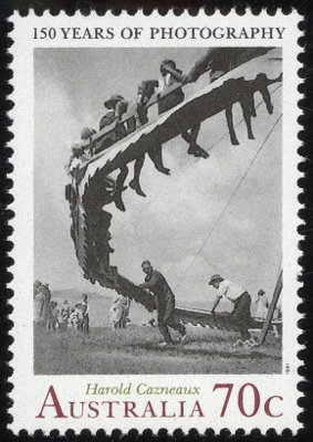 Type: stamp
Country: Australia
Date of issue: 13 May 1991
Catalog number: Scott 1216 (of 1215a-b - 1217)
Stamp issued to commemorate the 150th Anniversary of Photography in Australia.
It shows reproduction of a photograph entitled Wheel of Youth taken in 1929 by HAROLD CAZNEAUX (1878 - 1953).
Item no. S84 (stamp) Item_no._s84__stamp_.jpg