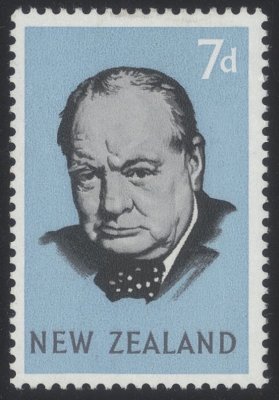 Item no. S219 (stamp)
Type: stamp
Country: New-Zealand
Date of issue: 24 May 1965
Catalog number: Scott 371
Stamp (single) issued to commemorate the death of Sir Winston Churchill (1874 – 1965), British Prime Minister.
The stamp’s design is based on the photograph taken in 1941 by Canadian photographer Yousuf Karsh (1908 – 2002). Item_no._s219__stamp_.jpg