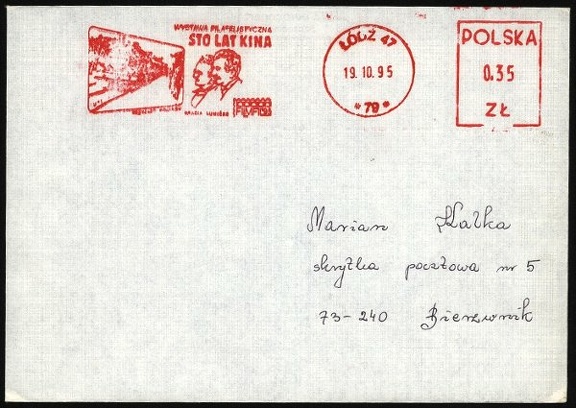 Item no. M47 (meter)
Type: frankmark
Country: Poland
Date of use: October 1995
Meter used to advertise the philatelic exhibition FilmFil 95 in Lodz, organized to honor the centenary of cinema. It shows Lumière Brothers in front of a cinema screen.
Item_no._m47__meter_.jpg