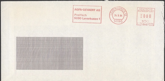 Item no. M366 (meter)
Type: frankmark
Country: Germany
Date of use: 24 September 1984
Meter on cover advertising the company AGFA-GEVAERT in Leverkusen (Germany), manufacturer of films, chemicals for photography and cameras.
Item no. M366 (meter).jpg