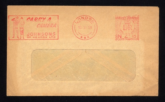 Item no. M394 (meter)
Type: frankmark
Country: Great Britain
Date of use: 16 November 1959
Red meter on cover advertising the company JOHNSONS of HENDON Ltd., in London (Great Britain), manufacturer of photographic chemicals and dealer with photographic equipment (enlargers, cameras, slide projectors). The company’s chemical activity is dated as soon as from 1839, when it supplied chemical salts required to the photographic process recently invented by W. H. Fox Talbot.
Item no. M394 (meter).jpg