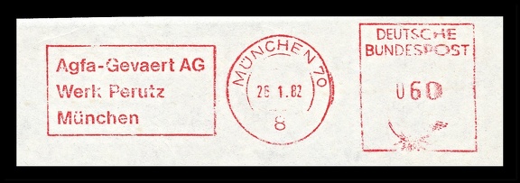 Item no. M623 (meter)
Type: frankmark
Country: Germany
Date of use: 26 January 1982
Red meter advertising the company AGFA- GEVAERT AG in Munich (München, Germany), and its chemical production department Werk Perutz.
Item no. M623 (meter).jpg